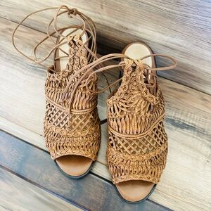 Schutz Women’s Woven Brown Leather Boho Block Wedge Gladiator Sandal Size 8